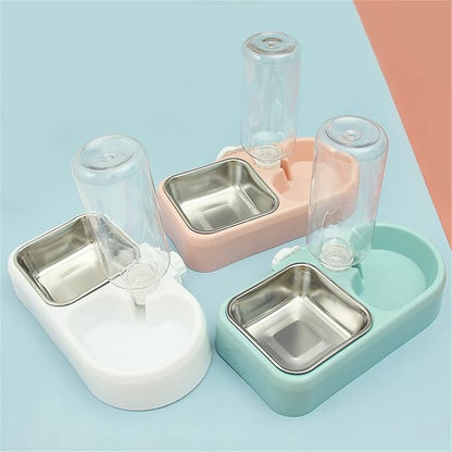 Cage Double Bowls, Crate Hanging, Dog Cat Bowl with Automatic Water Dispenser Bottle, Water and Food Bowl Set with Detachable Stainless Steel Bowl, Bird Pet Dog Cat Food Water Feeder (White)