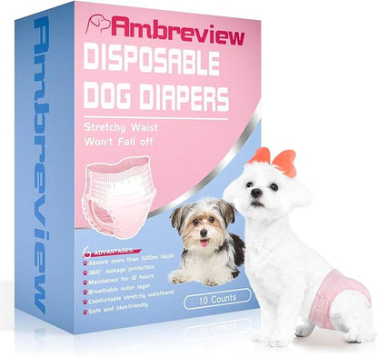 Ambreview Disposable Dog Diapers Female, Just Pull It Up, Doggie Diapers for Female Dogs, Strong Absorbency | Leak Proof, for Dogs in Heat | Elderly | Disabled, S 10 PCS
