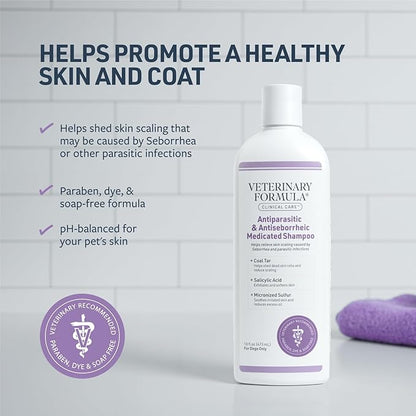 Veterinary Formula Clinical Care Antiparasitic & Antiseborrheic Medicated Dog Shampoo, 16 oz – Paraben, Dye, Soap Free – Hydrating and Antifungal Shampoo for Dogs, White