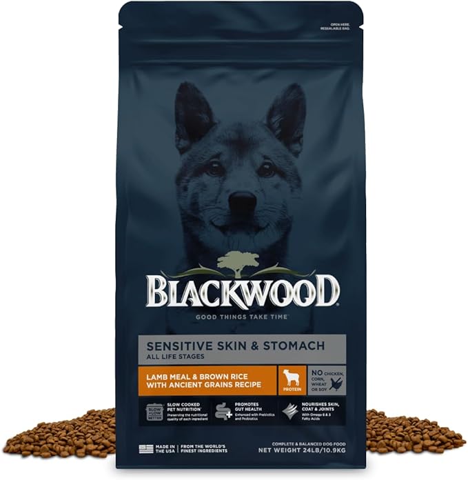 Blackwood Sensitive Skin & Stomach Dry Dog Food, Lamb Meal & Brown Rice with Ancient Grains, 24 Pound Bag with Prebiotics & Probiotics to Promote Gut Health