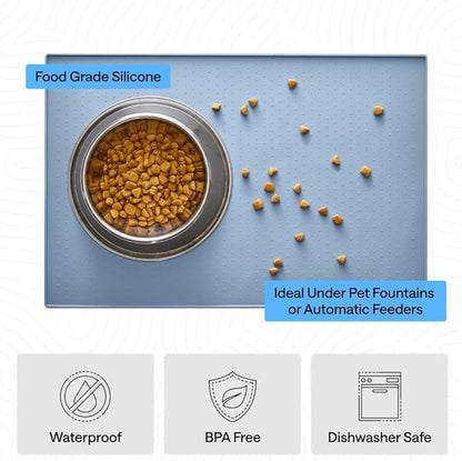 GORILLA GRIP 100% Waterproof Raised Edge BPA Free Silicone Pet Feeding Mat, Dog Cat Food Mats Contain Spills Protects Floors, Placemats for Cats and Dogs Water Bowl, Pets Accessories 28x18 Blue