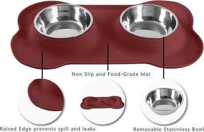Hubulk Pet Dog Bowls 2 Stainless Steel Dog Bowl with No Spill Non-Skid Silicone Mat + Pet Food Scoop Water and Food Feeder Bowls for Feeding Small Medium Large Dogs Cats Puppies (Medium, Burgundy)