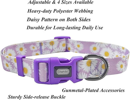 Dog Collar Leash Set, Floral Pattern, Polyester Material, Adjustable Collar and 5ft Matchcing Leash, for Small Dogs.(S, Light Purple Daisy)
