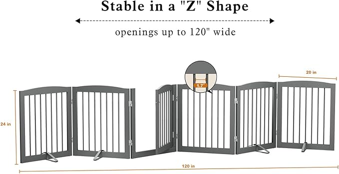 PUPETPO Freestanding Pet Gates with Walk Through Door, Dog Indoor Fence, Dog Gate for The House, Doorway, Stairs, Extra Wide Pet Gate, Support Feet Included, 120 Inch Wide, 6 Panels 24" Tall, Gray