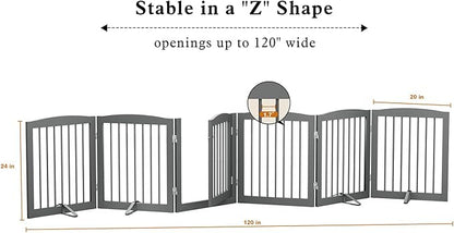 PUPETPO Freestanding Pet Gates with Walk Through Door, Dog Indoor Fence, Dog Gate for The House, Doorway, Stairs, Extra Wide Pet Gate, Support Feet Included, 120 Inch Wide, 6 Panels 24" Tall, Gray