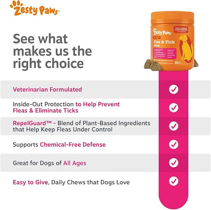 Zesty Paws Flea and Tick Prevention for Dogs Chewable - Prevention, Protection & Repellent - Dog Supplement to Kill & Control Fleas & Ticks - with Garlic, Thyme, Rosemary & Lemon Balm Extract - 90 Ct