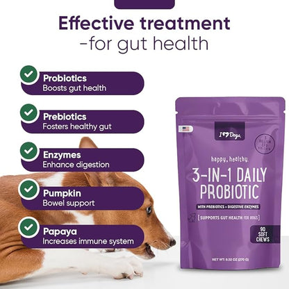 iHeartDogs 3-in-1 Probiotic for Dogs with Pumpkin for Improved Digestion & Gut Health - Dog Probiotics and Digestive Enzymes, 90 Count