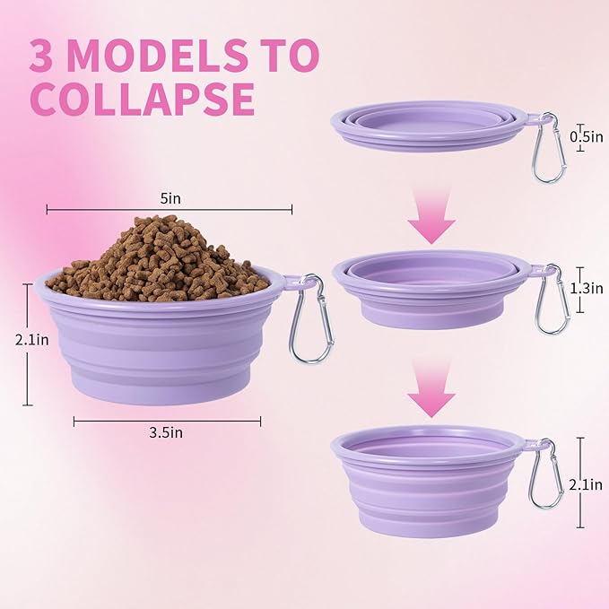 SLSON Collapsible Dog Bowl, 2Pack Macaron Color Pet Travel Bowls Silicone Foldable Water Feeder Dish for Small to Large Dogs Cat Walking Hiking Camping (Macaron Rose and Violet, Small)