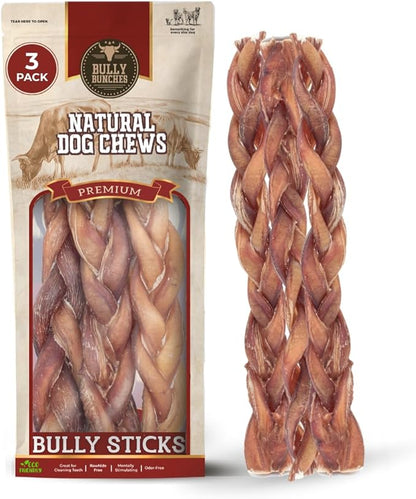 Bully Bunches All Natural 12" Standard Braided Bully Sticks - Odour Free, Rawhide Free, Chemical Free - Safe, Long Lasting Thick Beef Dog Chews - Fully Digestible Treat for Small and Medium Dogs, 3 Pk