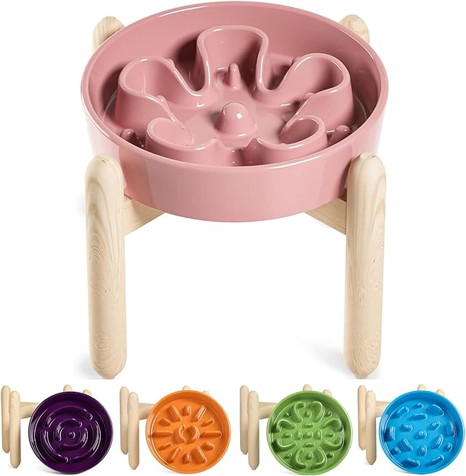 LE TAUCI Ceramic Slow Feed Dog Bowls, Elevated for Small and Medium Breed Dogs, Anti-Gulping Pet Feeding Dishes, Flower Pink, 1.5 Cups