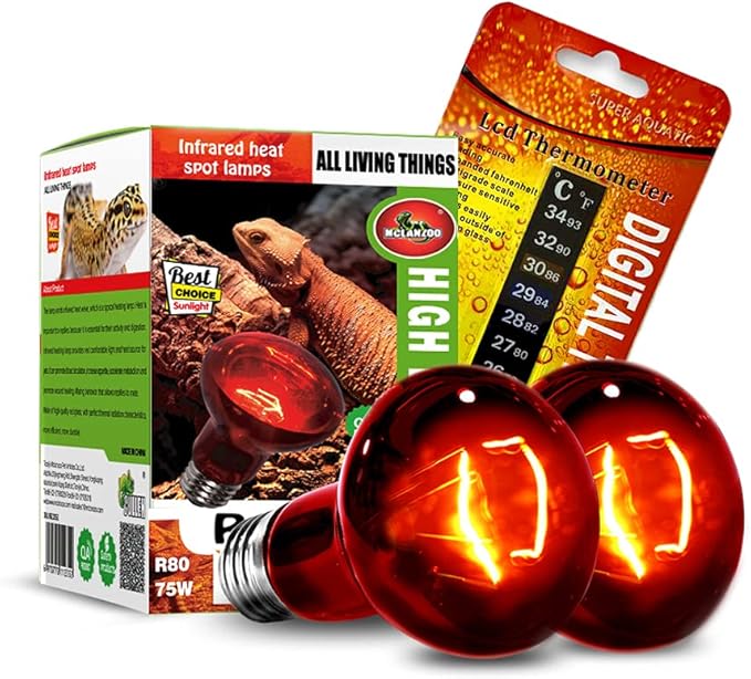 Infrared Heat Lamp Bulbs 75W 2 Pack,Red Basking Spot Light Bulb Reptile Heating lamp for Bearded Dragon,Turtle,Snake,Leopard Gecko,Chicked with Digital Temperature Thermometer