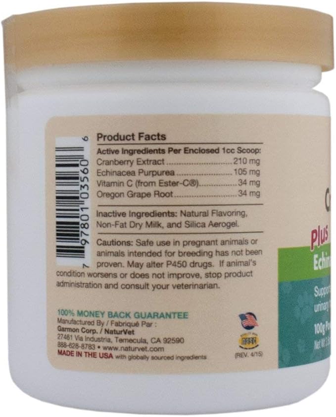 NaturVet Cranberry Relief, 100 Gram Powder, Dog and Cat Health Supplements for Urinary Tract