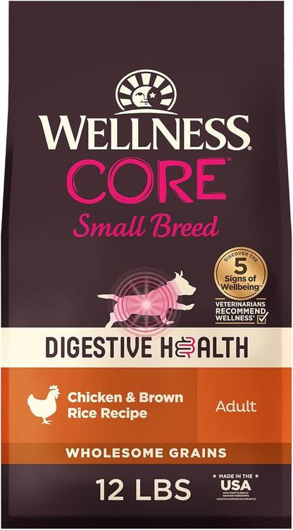 Wellness CORE Digestive Health Small Breed Adult Dry Dog Food, Wholesome Grain Kibble, Sensitive Stomach, Natural, High Protein, Chicken Recipe, 12 lb Bag