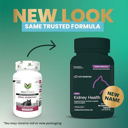 VetriScience Kidney Health Chewable Tablets, Renal Essentials Supplement for Cats, Kidney Care and Support with Mushroom, Astragalus Root, Nettle Seed and Herbs, Chicken and Fish, 60 Count