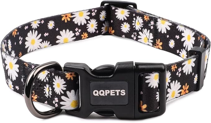 QQPETS Adjustable Soft Dog Collar: Print Flower Pink Multicolor Cute Patterns for XS Small Medium Large Pet Girl Boy Puppy Walking Running Training (L, White Daisy)