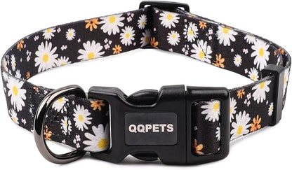 QQPETS Adjustable Soft Dog Collar: Print Flower Pink Multicolor Cute Patterns for XS Small Medium Large Pet Girl Boy Puppy Walking Running Training (M, White Daisy)