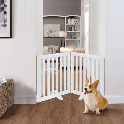 unipaws 24”H Free Standing Pet Gate for Dog Cat, Wooden Dog Gates for Doorway, Stairs, Step Over Foldable Pet Fence for The House, Expandable Doggy Barrier, Indoor Use, White