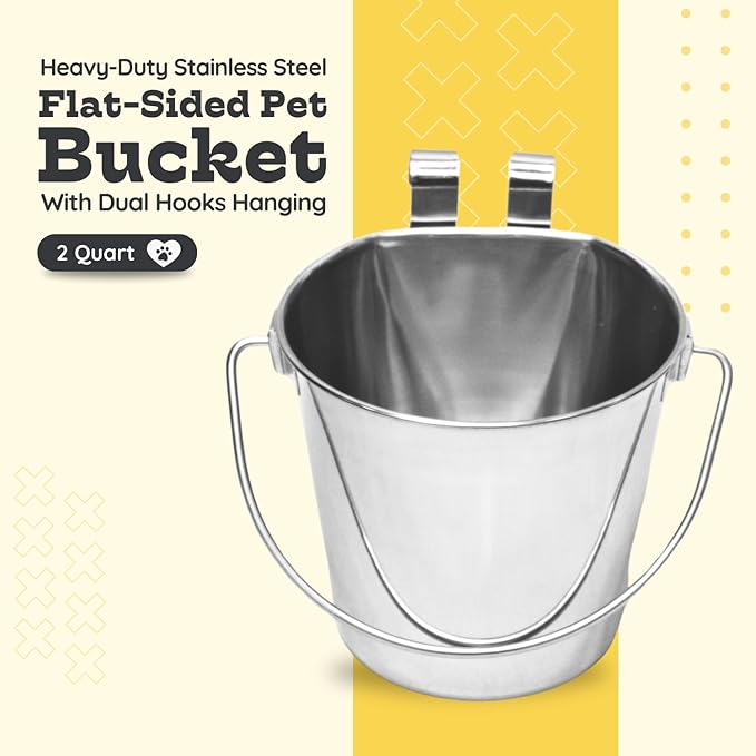 2 quart Stainless Steel Flat Sided Bucket with Dual Hooks | 0.5 gal Durable Food & Water Bowl for Dog Cats Bird & Small Animals | Fits kennel Cage Critter Crate | Hanging Utility Pet Pail