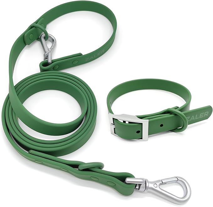 ZALER Dog Collar and Leash Set, Waterproof Adjustable Odor Proof Pet Collars Leashes Easy to Clean, 6FT Dog Leash with 2 Hooks for Large, Medium Small Dogs (L, Green)