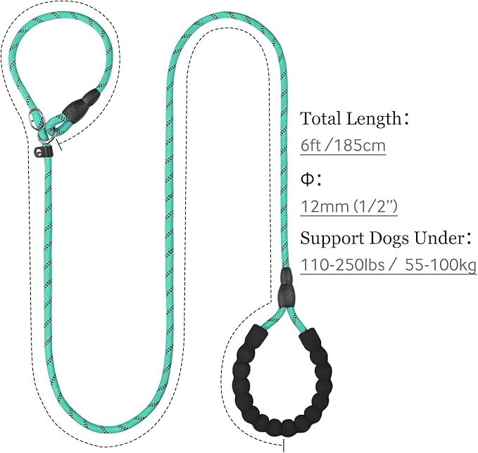 TagME 6ft Slip Dog Lead, No Pull Reflective Training Leash with Padded Handle, Professional Rope P-Leash for Small Medium Large Dogs, Heavy Duty Correction Lead for Walking & Training (Turquoise)