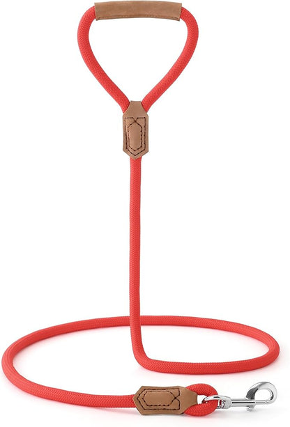 Mile High Life Leather Dog Leash, Heavy Duty Strong Genuine Leather Handle Rope Leash Soft and Comfortable for Small Medium Large Dogs (Red, 60 Inch)