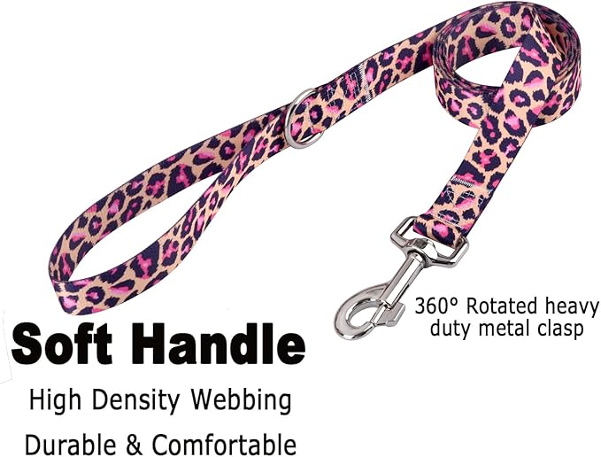 Mihqy Dog Collar and Leash Set with Bohemia Floral Tribal Geometric Patterns - Soft Ethnic Style Collar Adjustable for Small Medium Large Dogs(Pink Leopard Set,M)