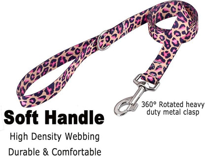 Mihqy Dog Collar and Leash Set with Bohemia Floral Tribal Geometric Patterns - Soft Ethnic Style Collar Adjustable for Small Medium Large Dogs(Pink Leopard Set,M)
