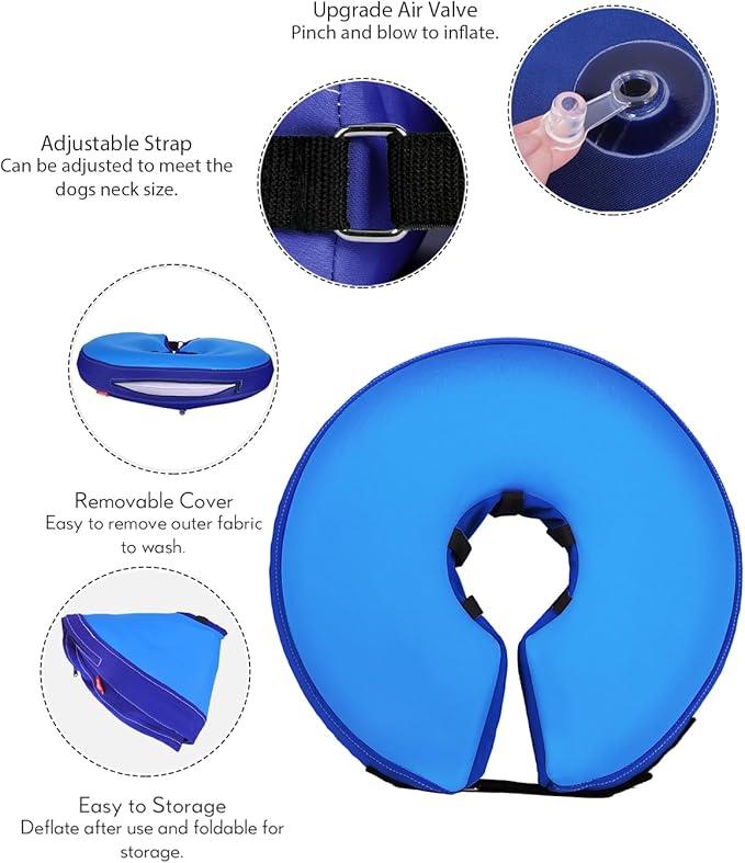 MIDOG Soft Inflatable Dog Cone,Donut E-Collar Alternative for After Surgery, Prevents Licking, Allowing Normal Eating & Vision,Comfortable Recovery Collar for Small Medium Large Dogs&Cats, DarkBlue-S