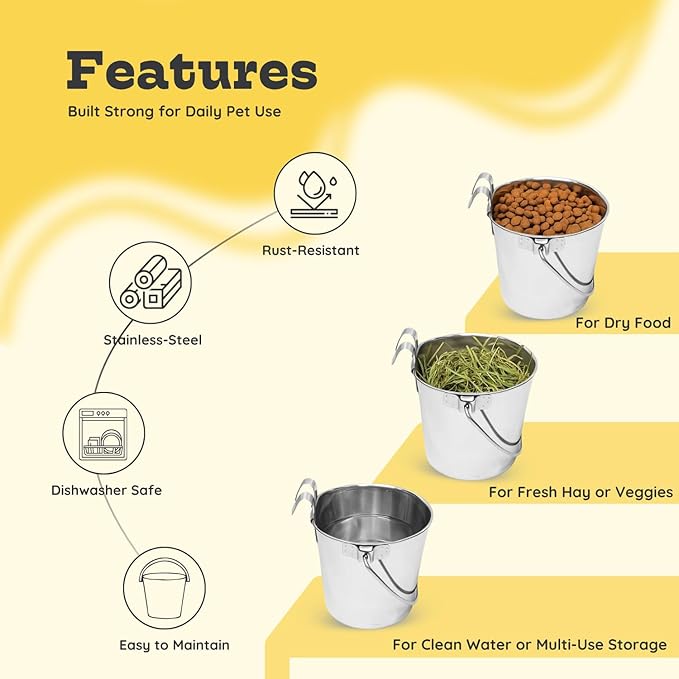 2 Quart Stainless Steel Flat Sided Bucket with Dual Hooks | 4 Pcs Durable Food & Water Bowl for Dog Cats Bird & Small Animals | Fits kennel Cage Crates Hanging Pet Pail | Multipurpose use