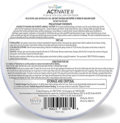 TevraPet Activate II Flea and Tick Collar for Small Dogs, 12 Months Prevention, 2 Count, Fits Up 15" Size Neck