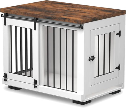 Zakkart Dog Crate Furniture Barn Door for Medium Dogs Up to 40 lbs. - Puppy Kennel w/Thickened Farmhouse Top & Steel Bars - 30'' Wide - White Decorative Modern Dog Crate Table, End Table, Nightstand