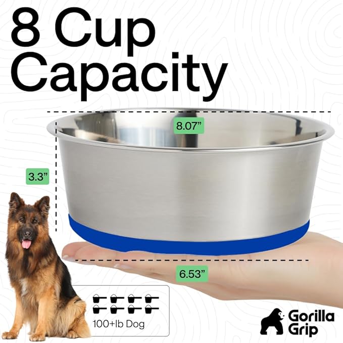 GORILLA GRIP Dog Bowls, Food Grade 304 Stainless Steel, Holds 8 Cups Each (64 fl oz) Food and Water Bowl for Feeding Dogs and Cats, Dishwasher Safe, Rust Resistant, BPA Free Rubber Base Set of 2 Blue