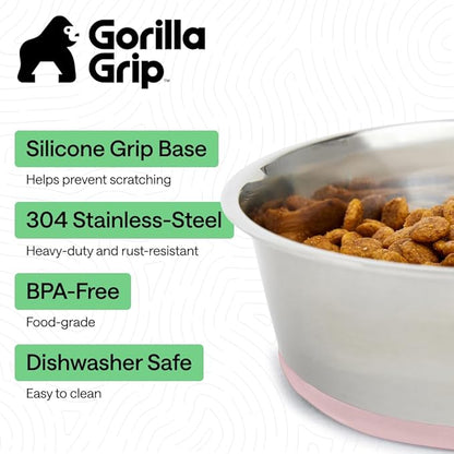 GORILLA GRIP Dog Bowls, Food Grade 304 Stainless Steel, Holds 6 Cups Each (48 fl oz) Food and Water Bowl for Feeding Dogs and Cats, Dishwasher Safe, Rust Resistant, BPA Free Rubber Base Set of 2 Pink