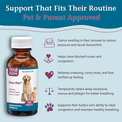 PetAlive Sinu-Rite Dog and Cat Nasal Congestion Relief - Homeopathic Tablets - Supports Relief from Dog Sinus Congestion, Runny Nose, Facial Pressure - Dog Sneezing Treatment - 180 Count