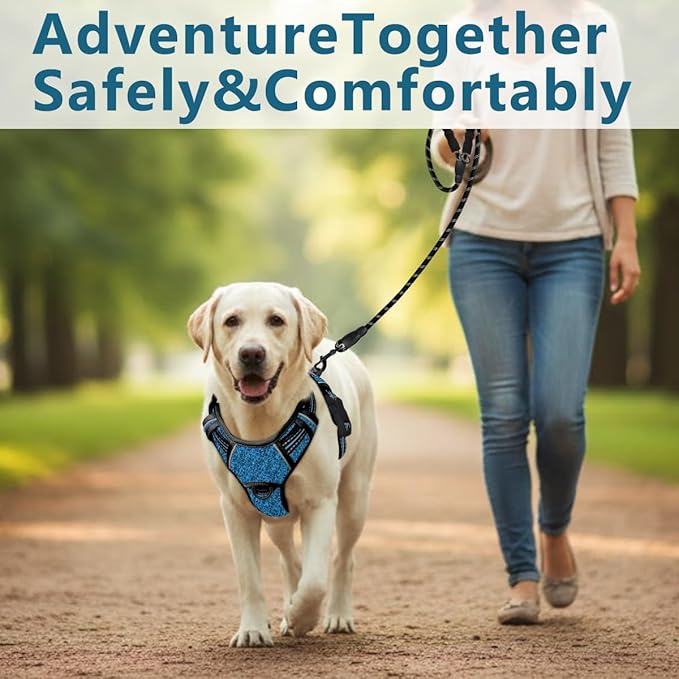 BARKBAY Dog Harness No Pull with ID Tag Pocket - Heavy Duty, Reflective, Easy Control for Large Dogs(Blue/Black,L)