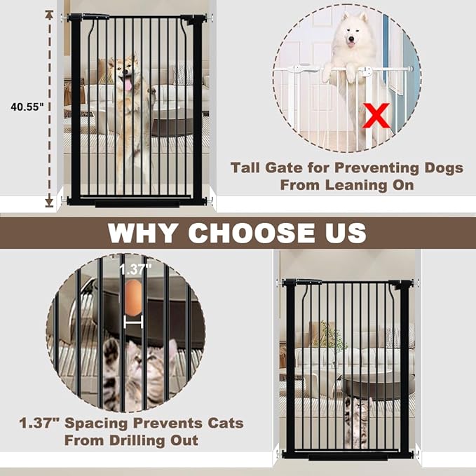 40.55" Extra Tall Dog Gate for Doorways & Stairs, 65.8-68.5" Extra Wide, Pressure Mounted, Auto Close, Black