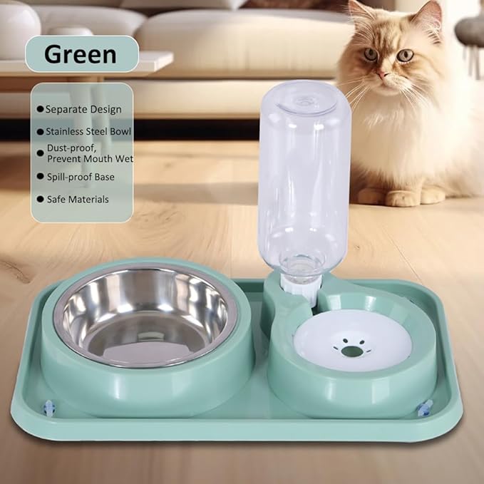 Dog Bowls, Non-Slip Puppy Cat Food and Water Bowl Set with Water Dispenser and Stainless Steel Bowl Detachable Gravity Pet Feeder and Waterer Set for Cats Dogs Puppy Rabbit (Green, 1000ML)