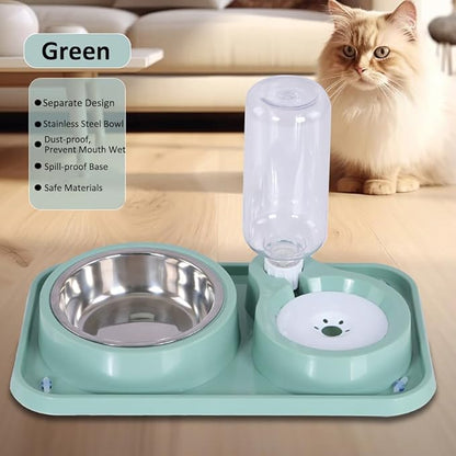 Dog Bowls, Non-Slip Puppy Cat Food and Water Bowl Set with Water Dispenser and Stainless Steel Bowl Detachable Gravity Pet Feeder and Waterer Set for Cats Dogs Puppy Rabbit (Green, 1000ML)