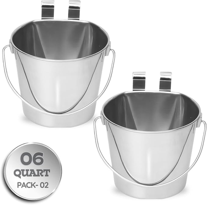 6 Quart Stainless Steel Flat Sided Bucket with Dual Hooks | 2 Pcs Food & Water Bowl for XL Dog Goat Cattle Horse & Livestock | Fits kennel Crate Cages Farm Hanging Pet Pail | Multipurpose