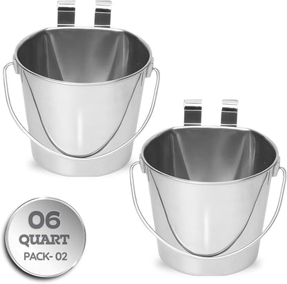 6 Quart Stainless Steel Flat Sided Bucket with Dual Hooks | 2 Pcs Food & Water Bowl for XL Dog Goat Cattle Horse & Livestock | Fits kennel Crate Cages Farm Hanging Pet Pail | Multipurpose