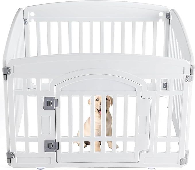 Sweetcrispy Plastic Dog Playpen - 4-Panel 24" Expandable & Durable Pet Fence for Medium Dogs - Indoor & Outdoor Portable Puppy Playpen with Secure Locking Door, White