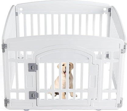 Sweetcrispy Plastic Dog Playpen - 4-Panel 24" Expandable & Durable Pet Fence for Medium Dogs - Indoor & Outdoor Portable Puppy Playpen with Secure Locking Door, White