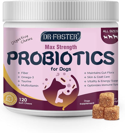Probiotics for Dogs - Dog Probiotics for Digestive Health, Prebiotic, Digestive Enzymes for Dogs with Pumpkin, Omega-3, Support Gut, Immune, Diarrhea, 120 Soft Chews