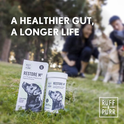 Ruff & Purr Probiotics for Dogs – 3-in-1 Probiotics, Prebiotics and Digestive Enzymes for Gut Health, Immune Support, Healthy Skin and Coat – Clinically Studied DE111 & PreforPro