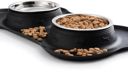 Hubulk Pet Dog Bowls 2 Stainless Steel Dog Bowl with No Spill Non-Skid Silicone Mat + Pet Food Scoop Water and Food Feeder Bowls for Feeding Small Medium Large Dogs Cats Puppies (S, Black)