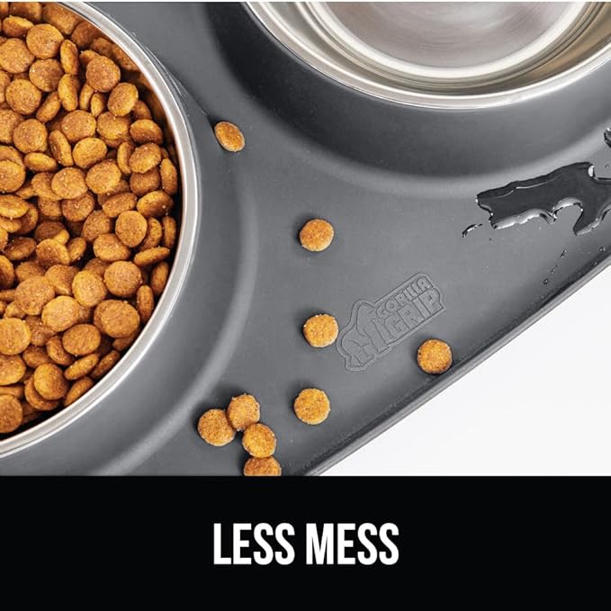 GORILLA GRIP Feeding Mat Bowl Set, 100% Waterproof BPA Free Silicone Base, 304 Stainless Steel Cat and Dog Bowls for Food and Water, Slip Resistant, High Edge, US Designed, Patent Pending, 1 Cup Gray