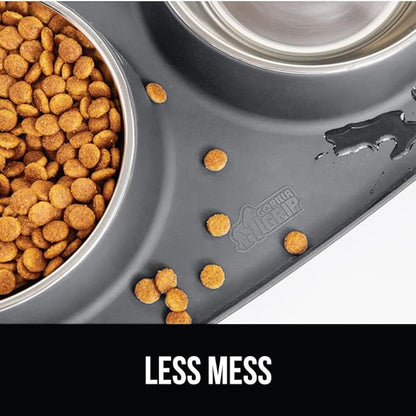 GORILLA GRIP Feeding Mat Bowl Set, 100% Waterproof BPA Free Silicone Base, 304 Stainless Steel Cat and Dog Bowls for Food and Water, Slip Resistant, High Edge, US Designed, Patent Pending, 2 Cup Gray