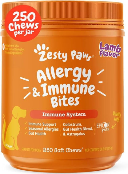 Zesty Paws Allergy Immune Bites - Dog Allergy Chews, Dog Probiotics for Itchy Skin and Ears, Lamb, 250ct