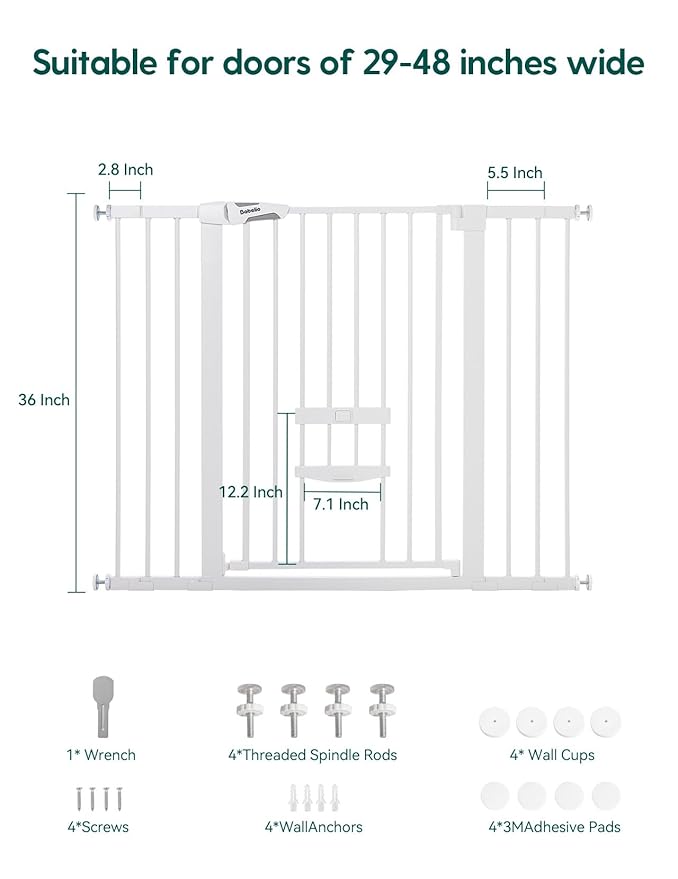 Babelio 36 Inch Extra Tall Baby Gate with Cat Door, 29-48" Metal Pet Door for Stairs, Doorways, Auto Close, Easy Walk Thru, White