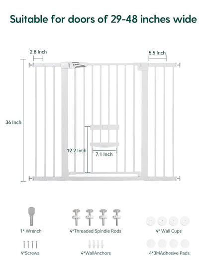 Babelio 36 Inch Extra Tall Baby Gate with Cat Door, 29-48" Metal Pet Door for Stairs, Doorways, Auto Close, Easy Walk Thru, White